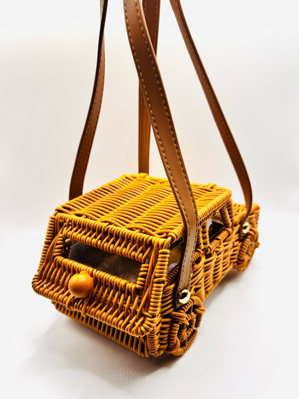 Tommy Bahama Woven Mini Car-Shaped Bag in Honey Brown with Tan Straps - Picture 2 of 12